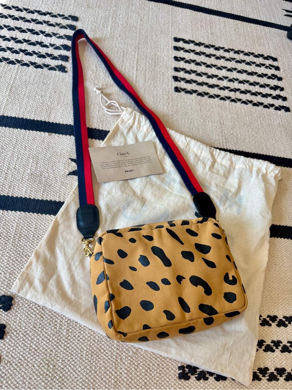 Leopard Print Crossbody Bag with Navy-Red Strap~ Clare V